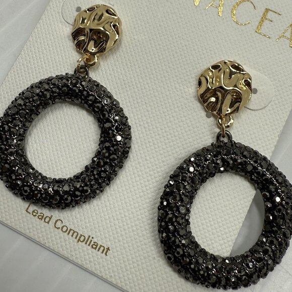 PANACEA Luxe Post Hoop Earrings Gold Tone Black Crystal Circle Statement Jewelry - Picture 3 of 5